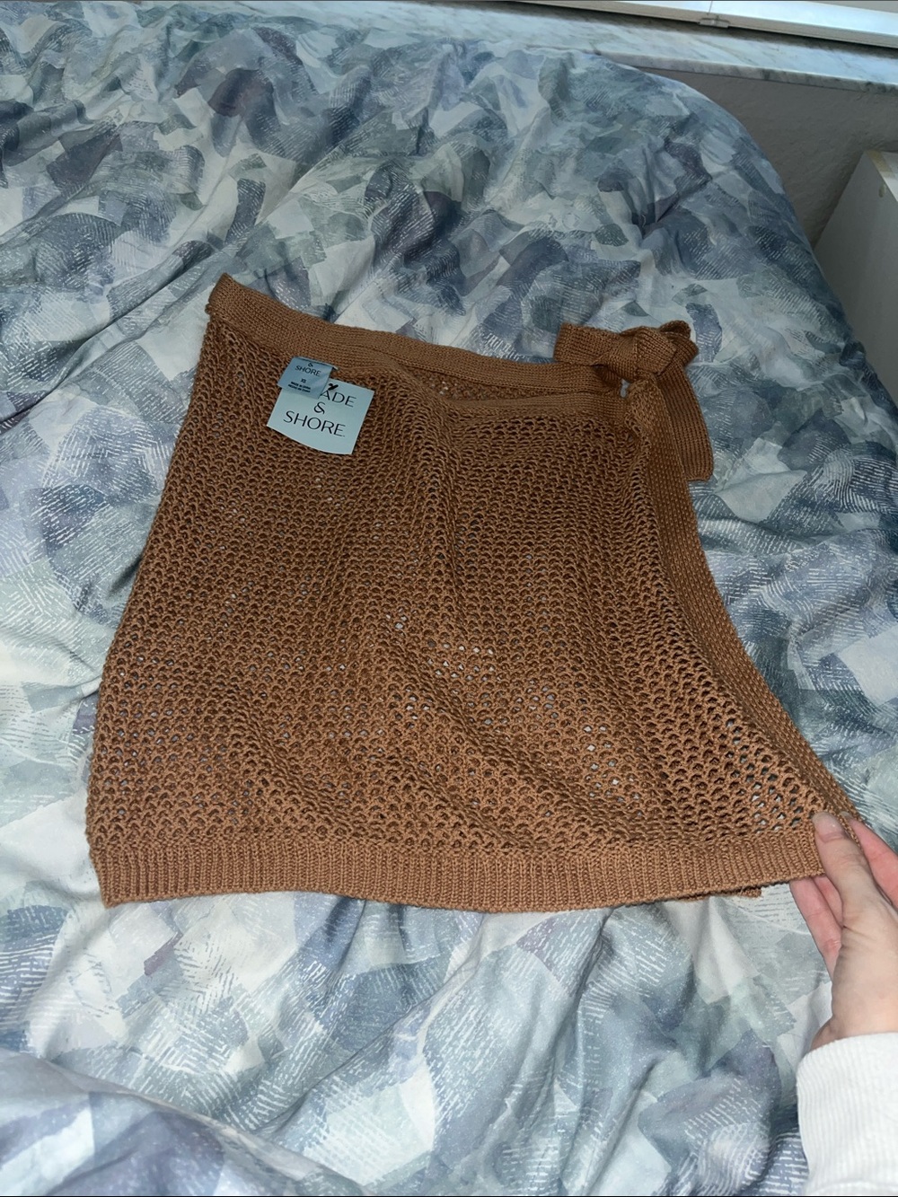Shade & Shore Tan Crochet Tie-Waist Mini Skirt